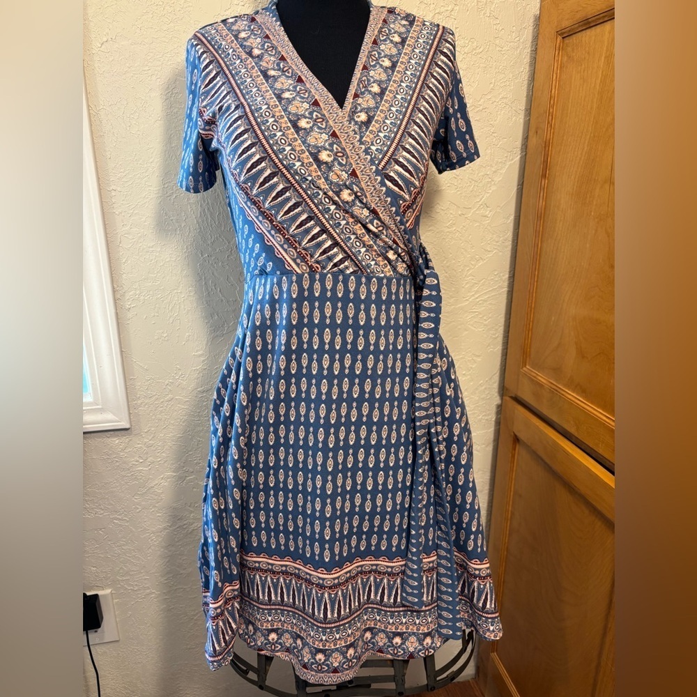 Easter inspired Wishful Park‎ Blue Brown Wrap Midi Sundress Size small